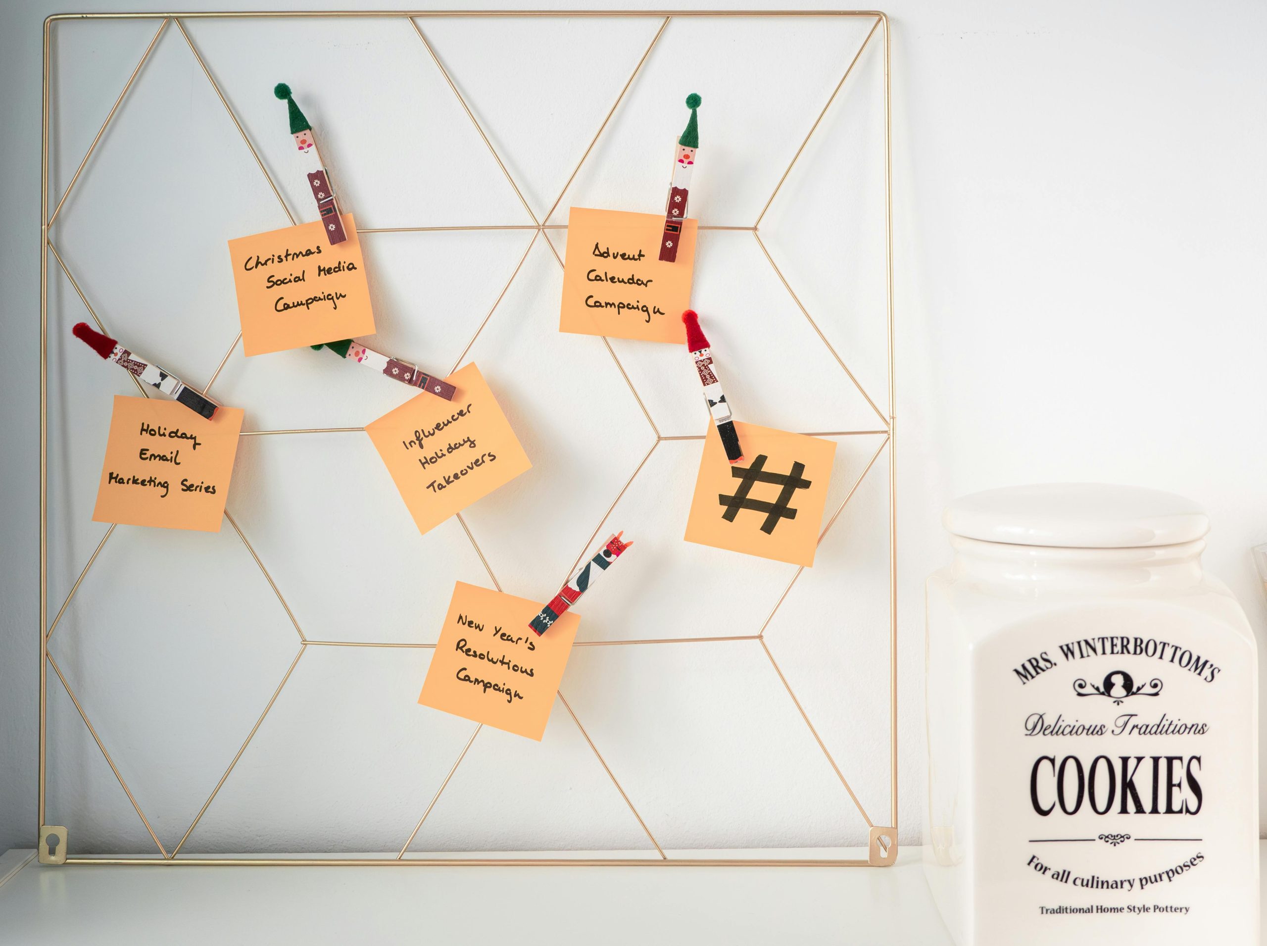 Paper with social media strategies written on it, pinned to a steel-designed board.