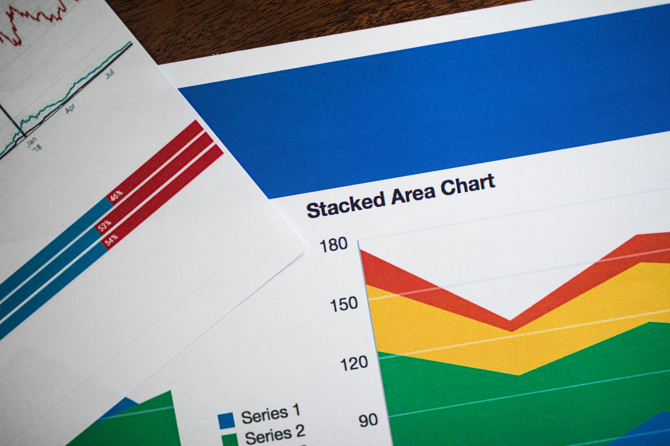 Papers displaying social media marketing strategy and business analytics, including one titled 'Stack Area Chart'.