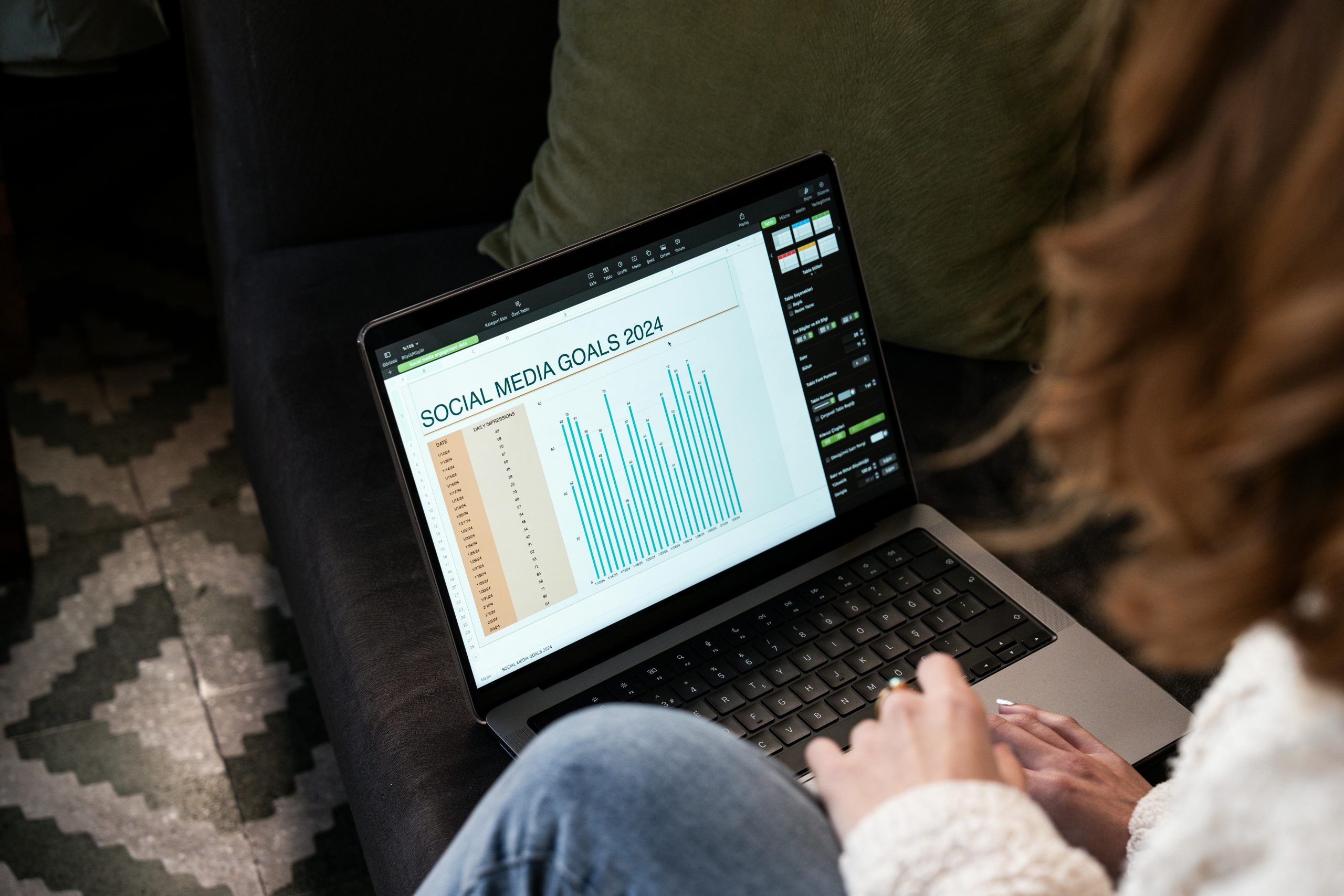 social media strategies result A woman using a laptop displaying a graph titled 'Social Media Goals 2024' as part of a social media marketing strategy.